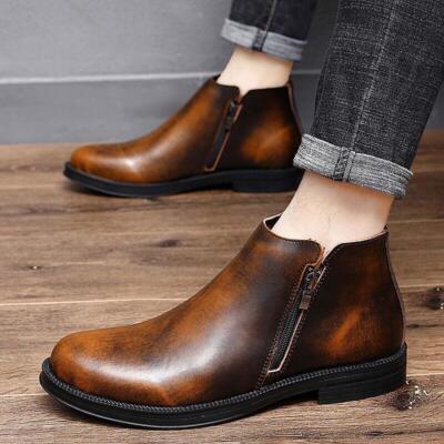 Mens Winter Pull On Ankle Boots Side Zip Round Toe Faux Leather