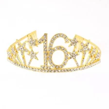 Gold Metal Rhinestone Age 16 with Stars Tiara Princess Headband Crown Hairwear