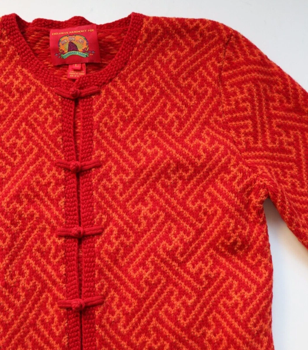 SHANGHAI TANG Women Red Orange Wool Cardigan SWEATER L Frog Closure Hand Knit