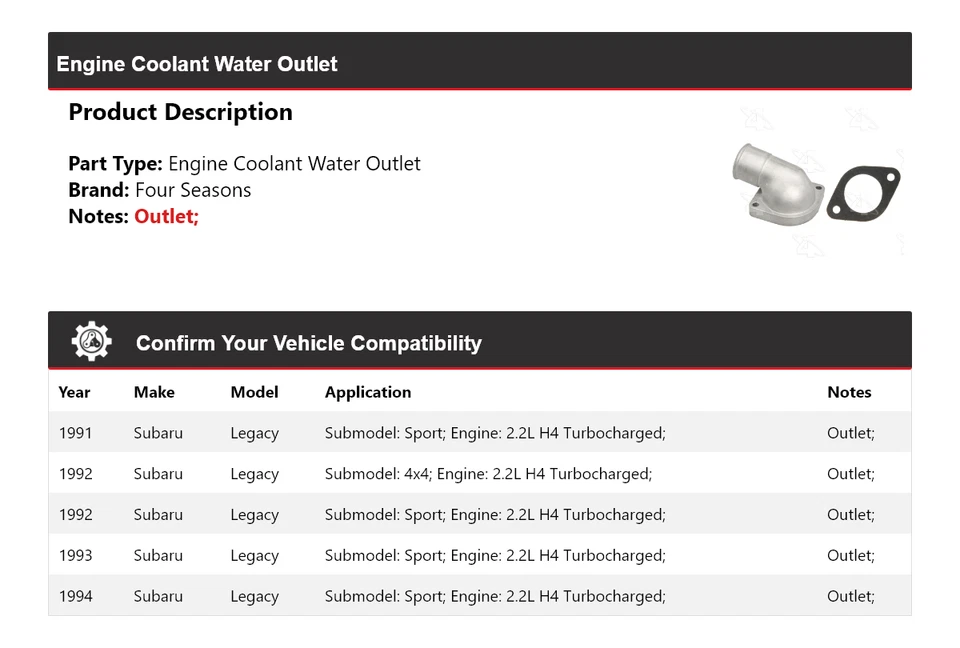 Salida de agua refrigerante motor Subaru Legacy 1991-1994 4 estaciones 1992 1993 Foto 2 de 4