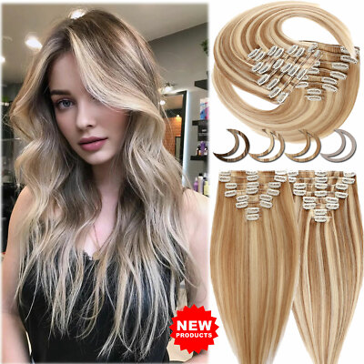 CLEARANCE 100% Real Remy Clip In Human Hair Extensions Full Head 7/8 Pieces  Weft