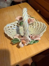 Vintage Capodimonte Woven Porcelain Floral Basket Classic Italy ORO ZECCHINO