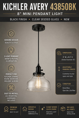 Kichler Avery 43850BK Mini Pendant Light Black Clear Seeded Glass NEW