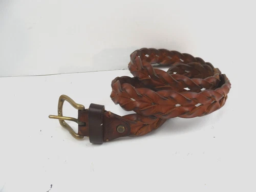 Braided Belt Men's Brown Full Grain leather Solid Brass Buckle -Size 38 X 1”