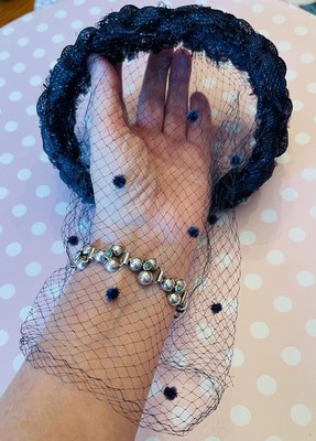 Vintage Coquettes Miss Eileen Navy Veil Hat Dotted Net Fascinator VTG 50s Fascinator Hat with chenille dot Veil Netting  main image 2