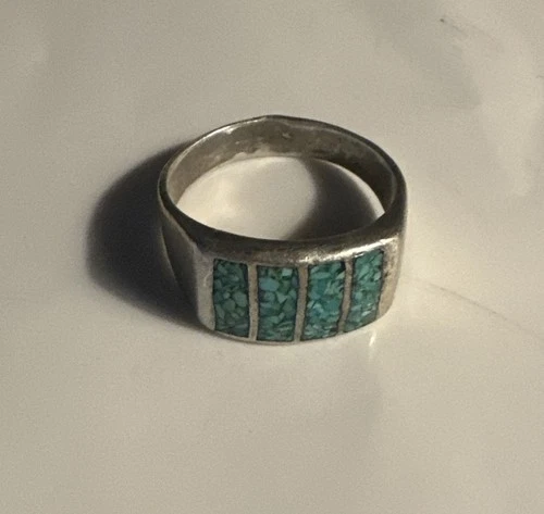 Vintage Silver Inlay Turquoise Stone Ring Size 10.5 Sterling Southwest style
