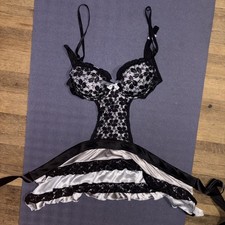 La Femme Intimates 36B Black Lace Corset Bustier Ruffle Skirt Lingerie