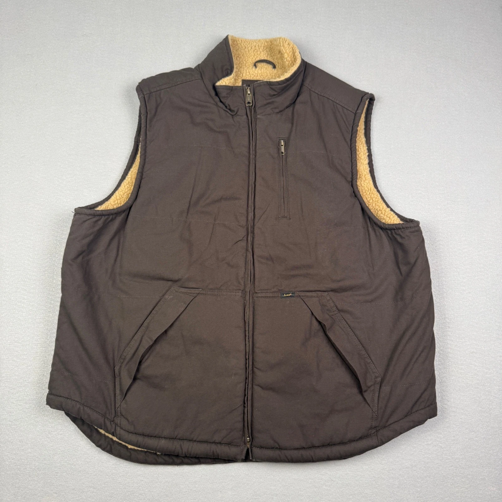 Lee Premium Select Mens XL Brown Canvas Sherpa Lined Workwear Puffer Vest Zip Up