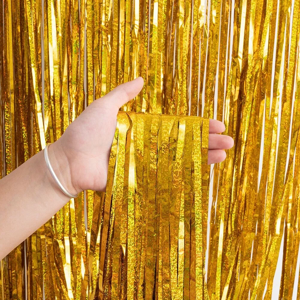 Black and Gold Foil Fringe Curtain,Tinsel Metallic Curtains Photo Backdrop  Streamer Curtain for New Year Birthday Party Supplies