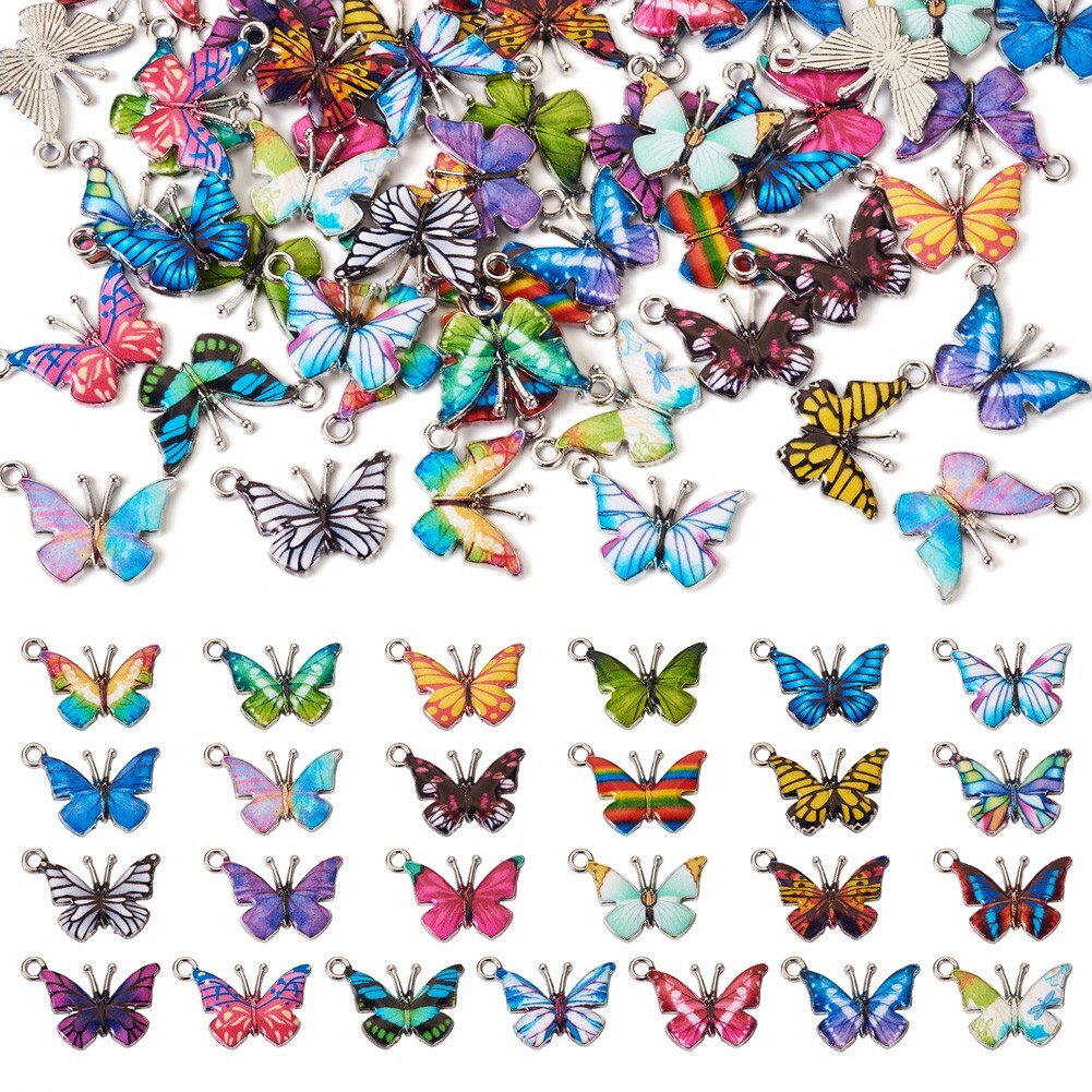 50Pcs Butterfly Enamel Pendants – Platinum Alloy Charms For Jewelry Making