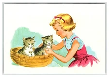 SWEET GIRL & KITTEN CATS Vintage 1950's 3.5" X 5" Book Clipping Clip Art M179