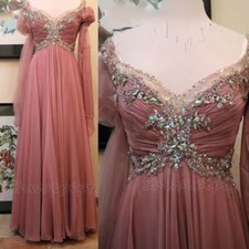 Dusty Pink Chiffon Fantasy Evening Dress Crystals Beaded V-Neck Off Shoulder