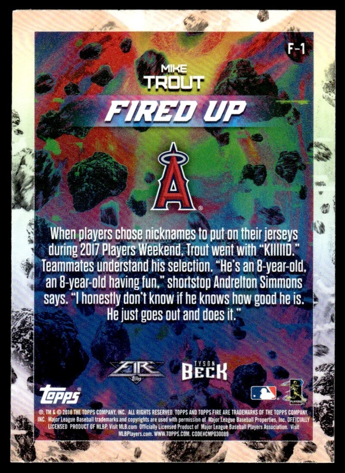 2018 Topps Fire Fired Up Mike Trout Los Angeles Angels #F-1 R41 - Image 2 of 2