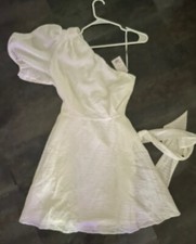 Nine West Dress Women Large White Sundress One Shoulder Short Sleeve Belted