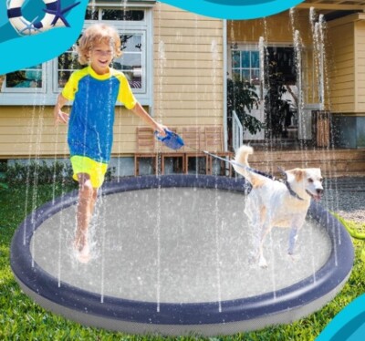 Splash Pad Non-Slip Blue Sprinkler Play Mat 75'' Wading Pool Kids Dogs Toys 