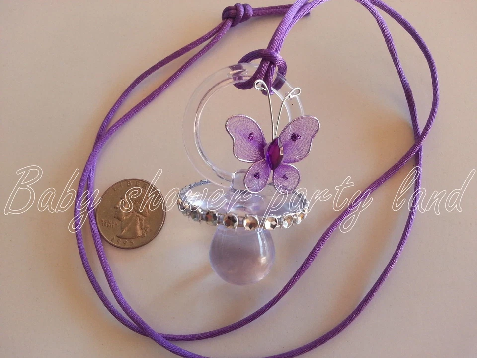 12 Collar Chupete Mariposa Púrpura Baby Shower Juego Niña Favor Premio Recuerdo Foto 2 de 4
