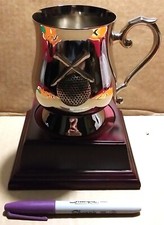 RARE - STAINESS STEEL MUG CUP W/ GOLF BALL GAME SIGN RELIEF ON RED WOOD BASE 