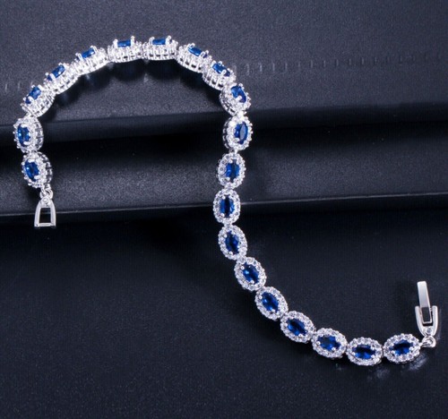 8CT Lab Created Sapphire & Diamond Tennis Wedding Bracelet 14k White Gold Plated - Picture 4 of 6