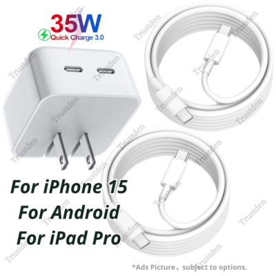 For Android iPhone 15 iPad Pro 35W Dual PD Fast Charger Block USB C Type C Cable