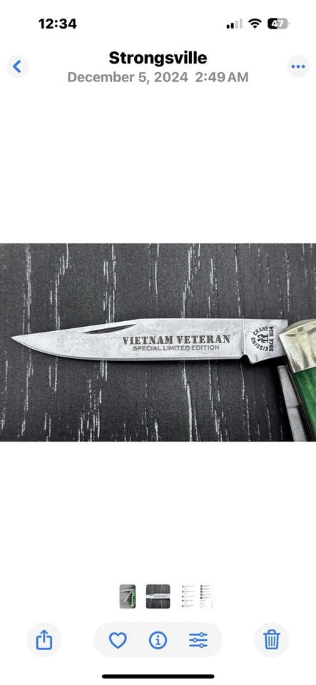 NAVAJA DE BOLSILLO PARA HONRAR A VETERANOS de Vietnam inscrita en sus 2 hojas y la MADERA VERDE Foto 2 de 4