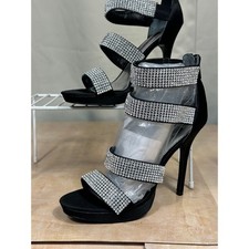 Nina New York Black Satin Rhinestone Strappy Stiletto Heels Sandals Womens 7M