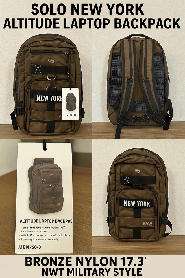 Solo New York Altitude Laptop Backpack Bronze Nylon 17.3” NWT Military Style - Image 2 of 4