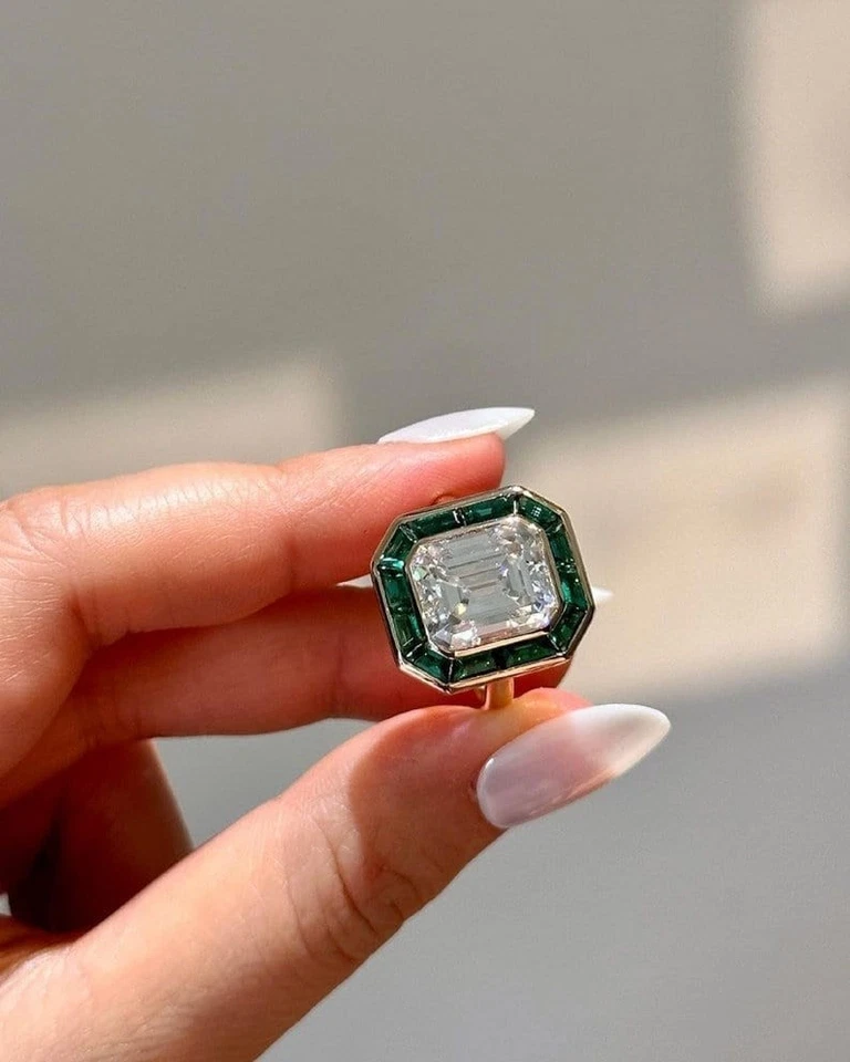 Conjunto de bisel de anillo halo verde corte esmeralda moissanita anillo de compromiso regalos vintage Foto 4 de 4