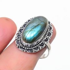 Natural Labradorite Gemstone 925 Sterling Silver Jewelry Ring Size 9 US 