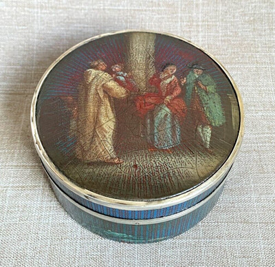 Antike Schnupftabakdose Silbermontierung Kunstschildpatt bemalt Taufe Szene