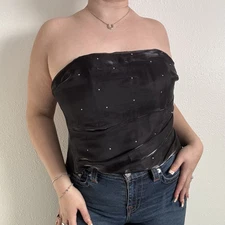 ASPEED Vintage 90s Black Tulle Mesh Rhinestone Delicate Stapless Corset Tube Top