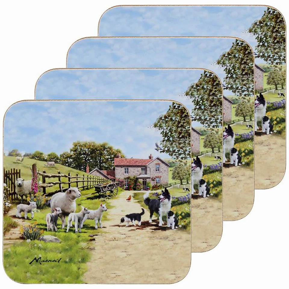 LESSER & PAVEY Set of 4 Collie & Sheep Design Cork Kitchen Dinner Table Dining Mats Coasters