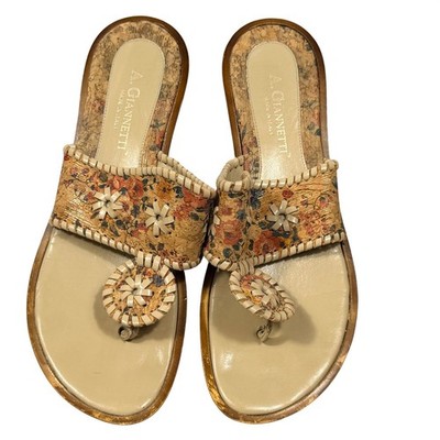 A. Giannetti Cork Floral Sandals Womens 38 Tan Leather Whipstitch Boho Italy 7.5