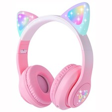 Cat Ear Kids Bluetooth Headphones for Girls Children Teens, LED Light Up Wire...