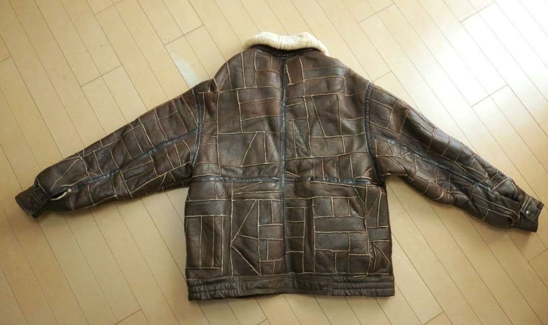 Real Shearling Patchwork Leather Jacket Brown XL … - image 5