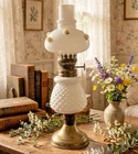 Vintage White Hobnail Milk Glass Oil Lamp Floral Shade Brass Base and Chimney