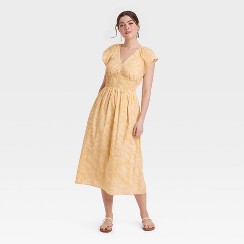 Women's Short Sleeve Smocked Midi A-Line Dress - Universal Thread Yellow Floral