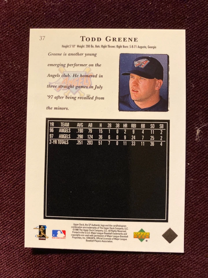 1998 SP Authentic #37 Angels Todd Greene Baseball Card - Image 2 of 2