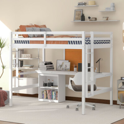 Twin/Full Size Loft Bed with Desk Storage Cabinet Writing Board Solid Wood Beds