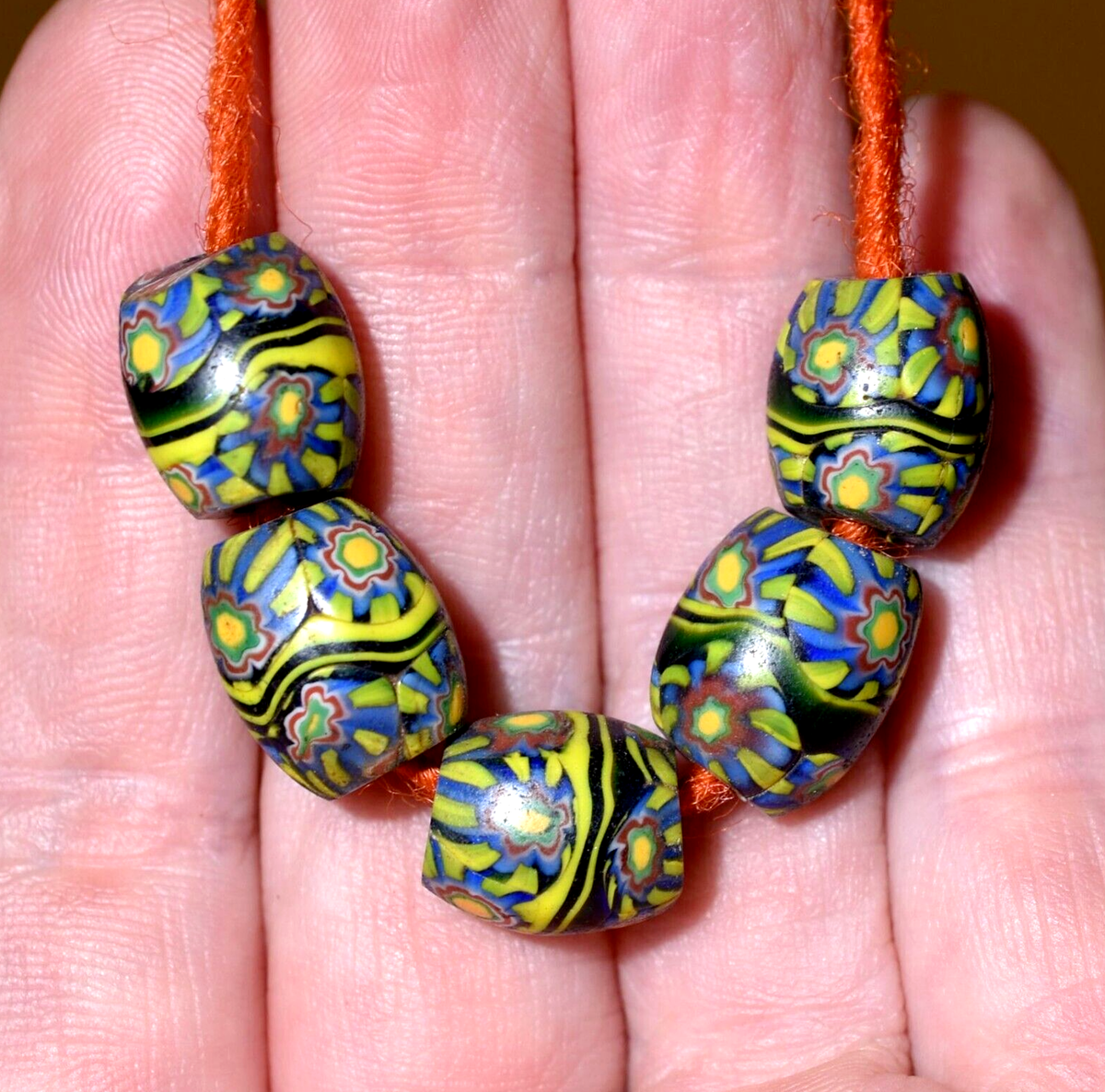 Antique Venetian Millefiori Cane Insert Oval Glass Beads W Stripes