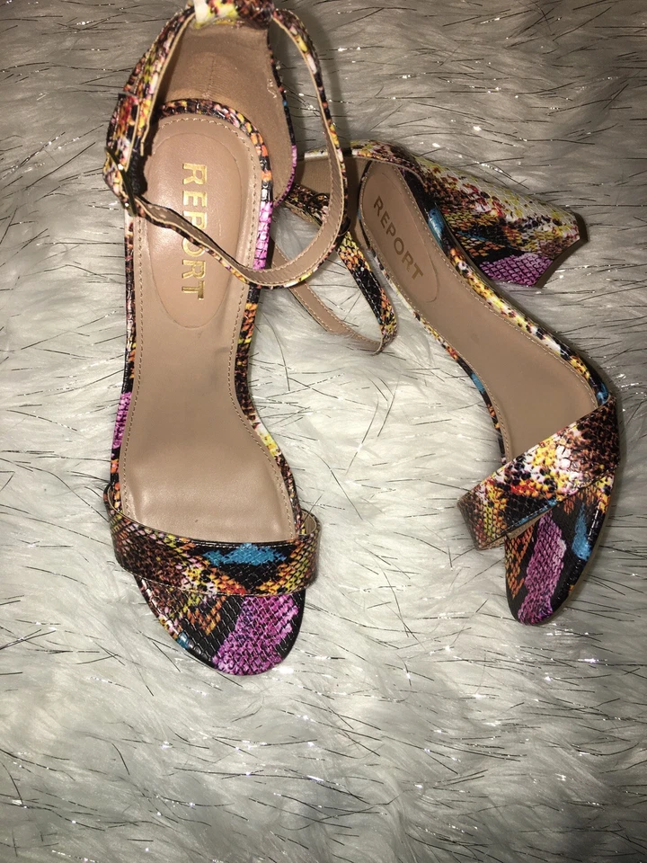 INFORME Sandalias Tacones Gruesos con Correa en el Tobillo Estampado de Serpiente Multicolor Talla 8.5 Foto 2 de 4