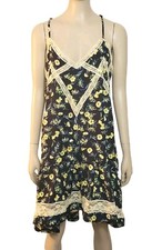 Y2K Umgee Mini Sleeveless Boho Floral Dress Lace Ruffle Hem Navy Yellow Womens S