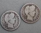1913 and 1913D Silver Barber Quarters Average Circulated 25c US 2 Coin Lot GOOD