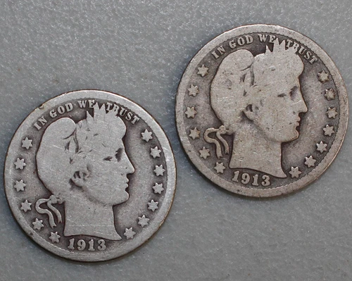 1913 and 1913D Silver Barber Quarters Average Circulated 25c US 2 Coin Lot GOOD