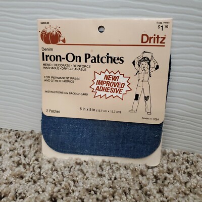 Vintage 80s Dritz Iron On No Sewing Patch Kit Two Patches Denim Knees Rips 1985
