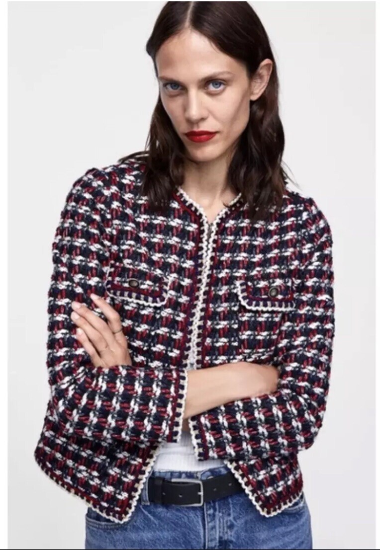 New Zara Women Red Blue White Textured Weave Tweed Gold Trim Blazer SZ