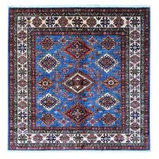 6' x 6' Blue Hand Knotted Super Kazak Tribal Elements Square Oriental Rug R89213