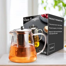 Transparent glass teapot 18.6 OZ with detachable 18/8 stainless steel injector
