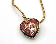 Unicorn Cloisonne Enamel Heart Pendant Necklace 23in