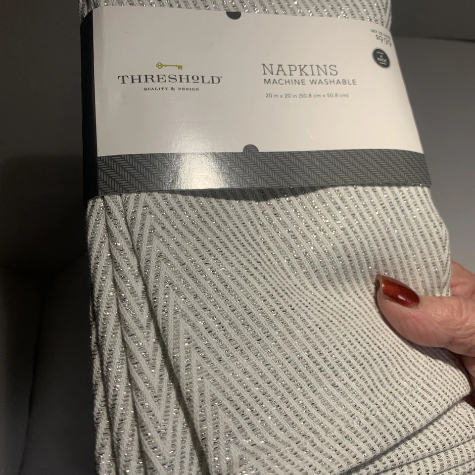 Threshold Holiday Silver Sparkle Asymmetrical Striped Napkins 4 Retired NEW~2 AV - Image 3 of 4