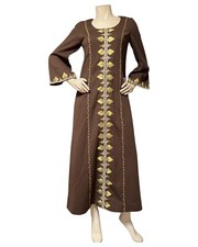 Vintage 1970s Moroccan Kaftan Brown  Gold Embroidered Vintage Caftan Tunic S/M